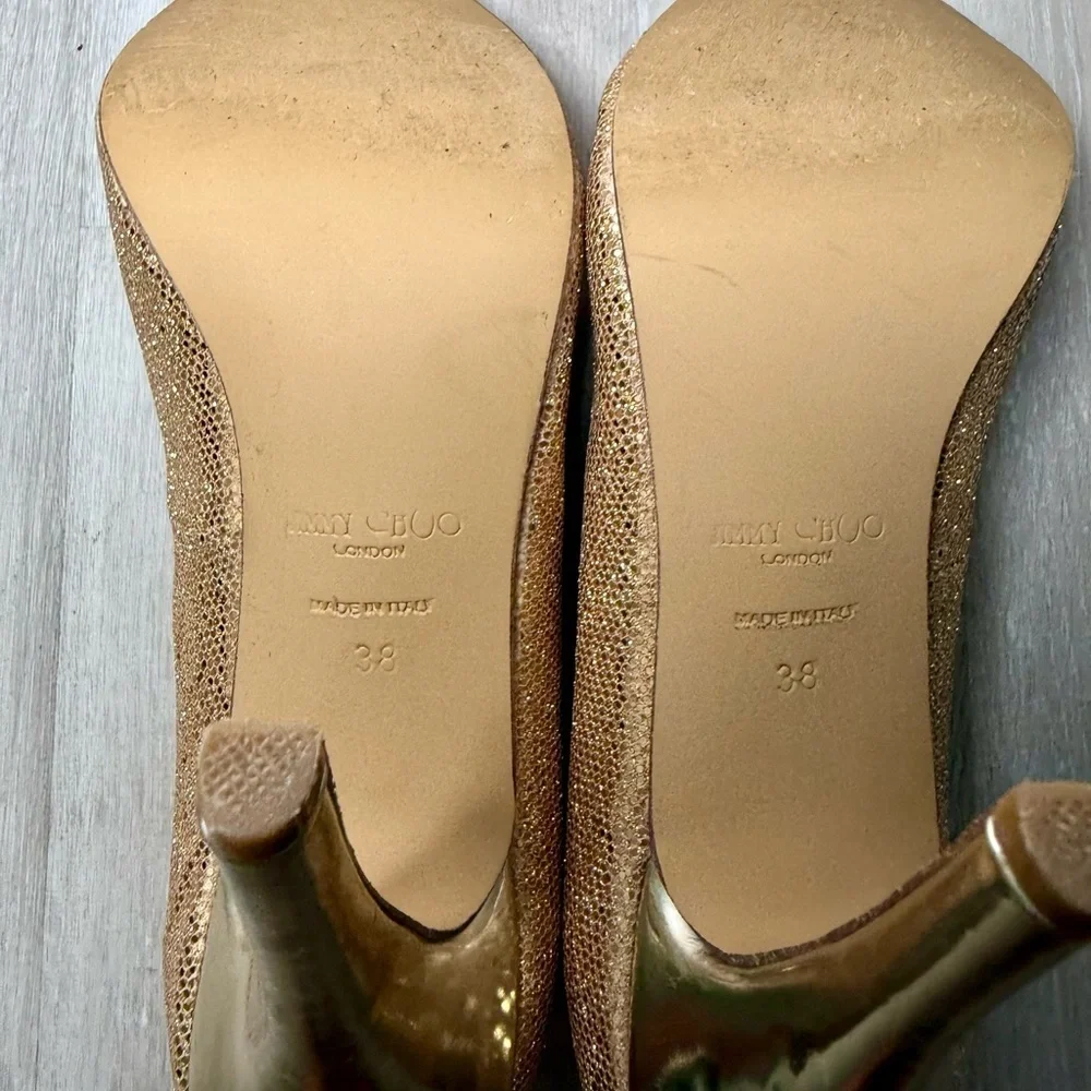 Jimmy Choo Gold Glitter Peep Toe Pumps Women’s EU 38 US 7.5 Stiletto Heels